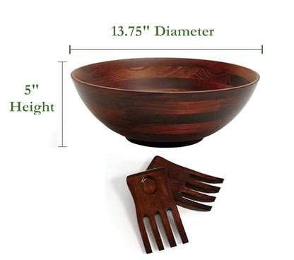 Lipper International Rubberwood Footed Bowl with Cherry Finish for Fruits, Salads, or Popcorn, Large, 13.75" Diameter x 5" Height, 216.41 Fl. Oz., 3-Piece Set with Salad Hands - size: Large, style: 3-Piece Set with 2 Salad Hands