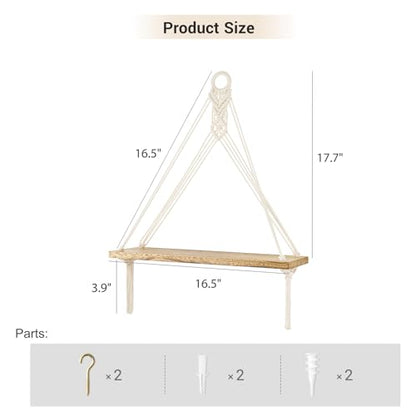 Mkono Macrame Hanging Shelves Boho Wall Decor Set of 2 Floating Wood Shelf - color: White