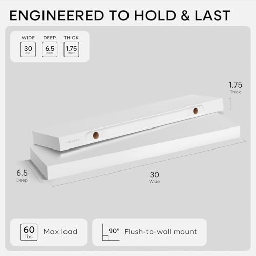 Homeforia 30 Inch Floating Shelves, High-End Solid Pine Wood, Set of 2 - color: Classic White - Soft Neutral Satin, size: 30 inch