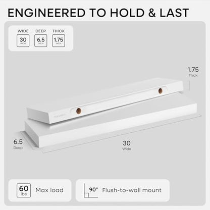 Homeforia 30 Inch Floating Shelves, High-End Solid Pine Wood, Set of 2 - color: Classic White - Soft Neutral Satin, size: 30 inch