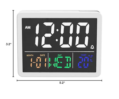 JALL Digital Clock with Date Day for Seniors, Electric Alarm Clocks for Bedrooms with Temperature, 2 Alarms, Dimmer, Dual USB Charger, Battery Backup, Volume Control, Snooze, Bedside Desk Clock, White - color: White