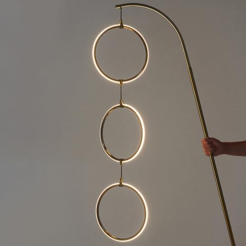 Brightech 3 Ring Lamp - 74" Dimmable LED Floor Lamp with 3 Hanging Light Rings, Modern Arc Standing Tree Lamp for Living Room, Bedroom and Office, 30W Warm White LED, Gold Brass - color: Brass
