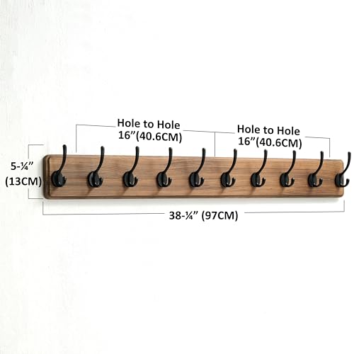 Dseap Wall Mounted Coat Rack: 38-1/4" Long, Patented, Heavy-Duty, 10-Double-Hooks Wooden Hanger Rail for Winter Coats, Hats, Jackets, Clothing - Natural & Black, Pack of 2 - color: Natural & Black, size: L=38.3"(2pcs)