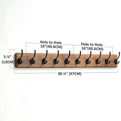 Dseap Wall Mounted Coat Rack: 38-1/4" Long, Patented, Heavy-Duty, 10-Double-Hooks Wooden Hanger Rail for Winter Coats, Hats, Jackets, Clothing - Natural & Black, Pack of 2 - color: Natural & Black, size: L=38.3"(2pcs)