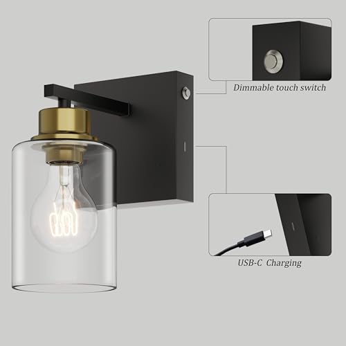 Wireless Battery Operated Wall Sconce Set of Two with Remote Control | Black & Gold Dimmable Rechargeable Wall Lights with Timer, Easy Install Glass Lamp for Living Room Bedroom, Emergency 3000K - color: Black Gold(Clear Lampshades)