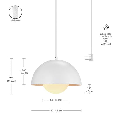 Globe Electric Amelia 1-Light Plug-in Pendant Lighting, Matte White, White Glass Shade, Bulb Not Included - color: Matte White