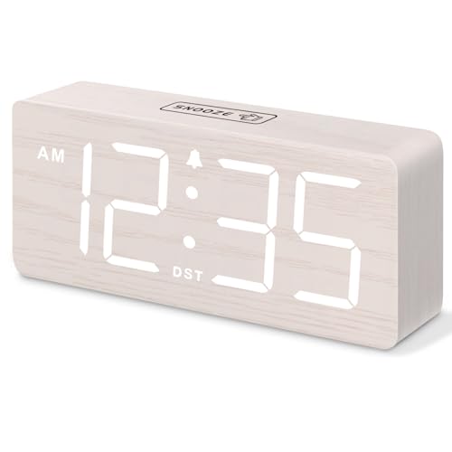 DreamSky Wooden Digital Alarm Clock for Bedroom with Large Numbers | Desk Clock for Living Room Office, Loud Alarm for Heavy Sleepers Adults, Volume Control, Dimmer, DST, Wood Decor (Plug-in) - color: White (Plug-in)
