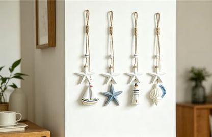 4Pcs Wooden Seashells/Star/Ships/Lighthouse Wall Hanging Decor, Farmhouse Rustic Coastal Themed Decorations for Home, Beach Wall Sign Nautical Decor for Bedroom, Living Room