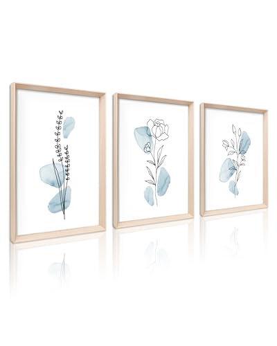 HesenDot Blue Floral Framed Wall Art, Minimalist Botanical Canvas Prints - color: Framed Blue Floral, size: 16"L x 12"W