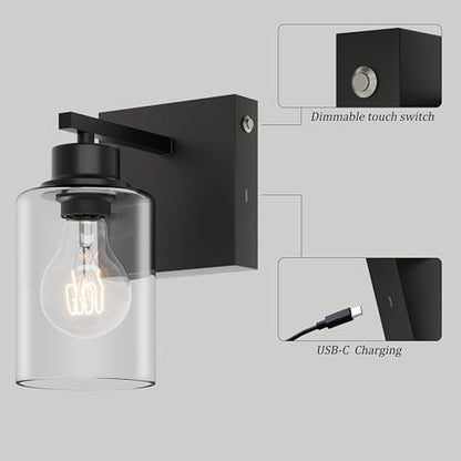 Wireless Battery Operated Wall Sconce Set of Two with Remote Control | Black Dimmable Rechargeable Wall Lights with Timer, Easy Install Clear Glass Lamp for Living Room Bedroom, Emergency 3000K - color: Black(Clear Lampshades)