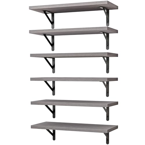 YGEOMER 16.5 Inch Floating Shelves for Wall Home Decor, Wood, Set of 6 - color: Grey, size: 16.5 x 6.1 x 0.59 inches