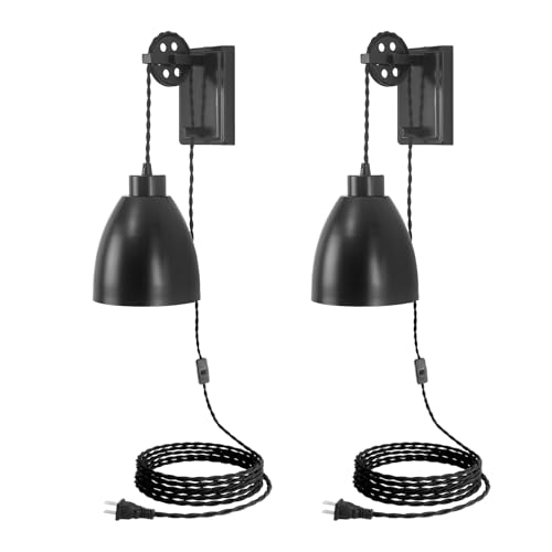 8FT Plug in Wall Sconces Pulley Wall Lamps, Black - color: Black
