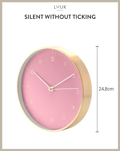 LUUK LIFESTYLE Modern Silent Quartz Wall Clock, 10in, Pink & Gold | Simple & Trendy, Gifting ideas, Analog, Easy-to-read, Battery operated, Wall mount, Mantel display, Bedroom, Bathroom - color: Rose, 10"