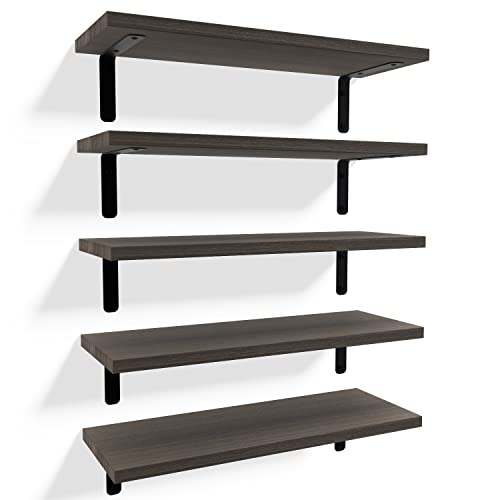 RICHER HOUSE Rustic Wood Floating Shelves Set of 5, Wall Mounted Shelf 16in - color: Deep Brown