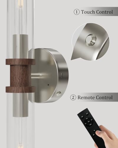 Rayogale Nickel & Walnut Wireless Battery Operated Wall Sconces with Remote - color: Nickel & Walnut(Clear Tubular Lampshade)