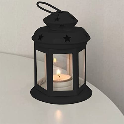 2 Pcs European Design Antique Glass Hanging Candle Lanterns with Stars Metal Frame Candlestick Holder Night Lamp, Romantic Xmas Wedding Party Decoration (Black) - color: Black