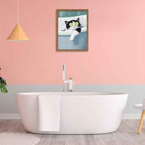 Framed Tuxedo Cat Canvas Wall Art, Bathroom Pictures Wall Decor, Funny Cat in Bath Poster Print, Modern Dark Humor Animal Painting Artwork for Bathroom Apartment Home Aesthetics – 8x10 inch - color: Cow Cat, size: 10"L x 8"W