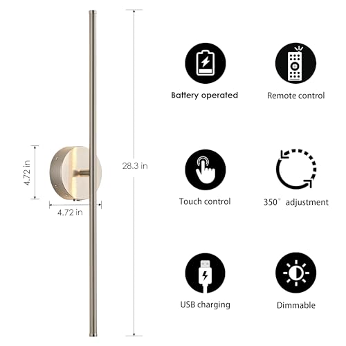 KARTOOSH Battery Operated Wall Sconces Set of Two Wireless Wall Lights - color: Nickel, size: 28.3 Inches