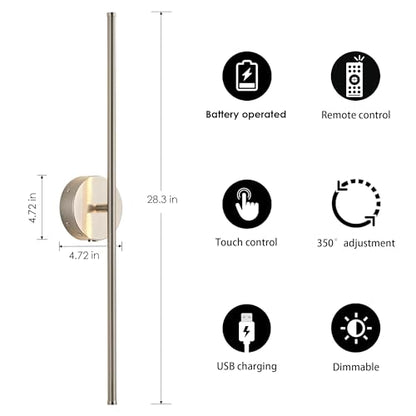KARTOOSH Battery Operated Wall Sconces Set of Two Wireless Wall Lights - color: Nickel, size: 28.3 Inches