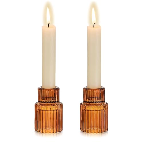 Hewory Glass Candlestick Holders Bulk, 2PCS Amber Taper Candle Holders - color: Amber, size: 2PCS