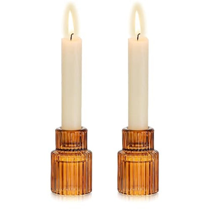 Hewory Glass Candlestick Holders Bulk, 2PCS Amber Taper Candle Holders - color: Amber, size: 2PCS