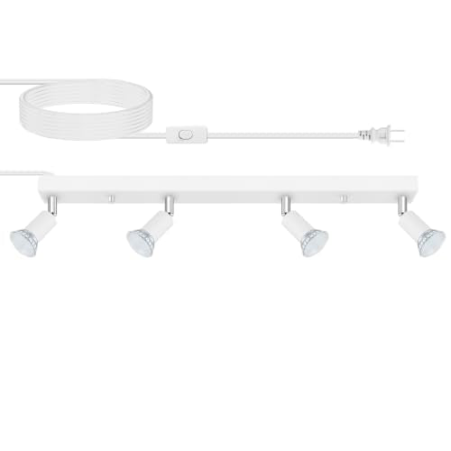 AUQUEE Plug in Track Light, White, 23", 4 Way GU10 Track Ceiling Lighting | Wall Spotlight, Rotatable Track Head, For Kitchen Cabinet Gallery Bar Hallway Living Room, Rocker Switch, 15 FT Cord - color: White-4 lights