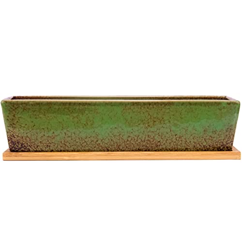 Artketty 12.1 Inch Large Succulent Planters Pots with Drainage Tray, Long Rectangle Ceramic Pots for Indoor Cactus/Succulent Plants Shallow Bonsai Window Box for Home Garden Decor (Green) - color: Green