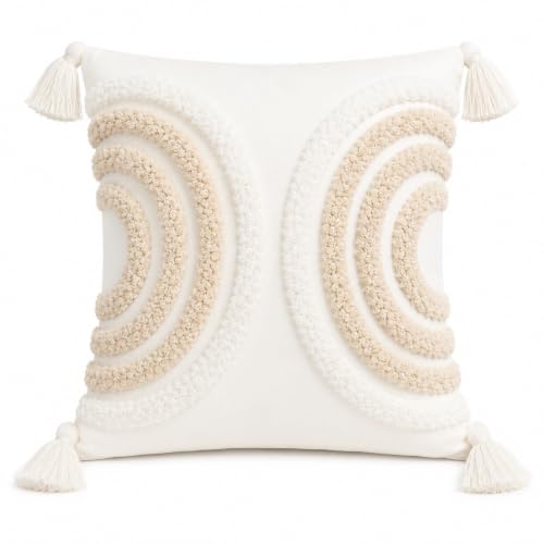 Ivory White Embroidered Throw Pillow with Insert Included, 18x18 Decorative Pillow, Soft Polyester Fabric, Textured Tufted Embroidery, Corner Tassels, Modern Farmhouse Boho Accent Pillow