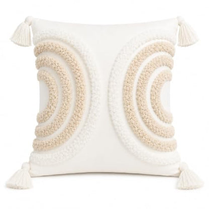 Ivory White Embroidered Throw Pillow with Insert Included, 18x18 Decorative Pillow, Soft Polyester Fabric, Textured Tufted Embroidery, Corner Tassels, Modern Farmhouse Boho Accent Pillow