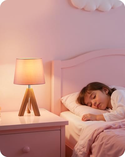 Pink Table Lamp, Small Tripod Table Lamp, Boho Bedside Lamp with Pink Linen Shade & Wood Base, Modern Nightstand Lamps, Little Cute Desk Lamp for Girls Room, Kids Room, Bedroom, P51TL05 - color: Pink+Natural Wood