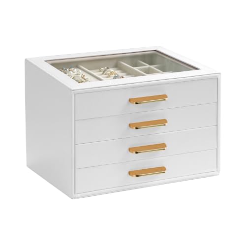 Homeanda Jewelry Boxes Organizer with Glass Lid, 4-Layer PU Leather, White - color: White, size: 4 Layer