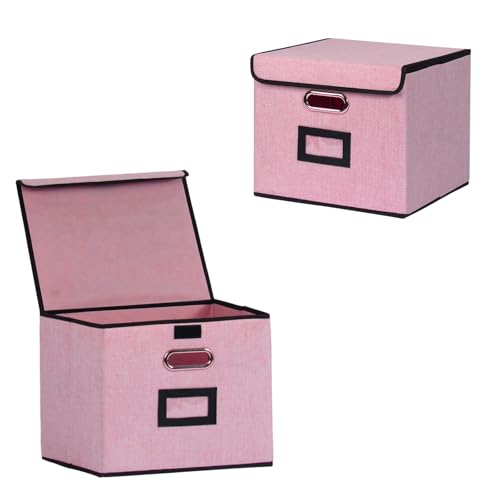 Large Square Storage Bin with Lid, Foldable Organizer Box with Handles & Label Design, for Office, Closet, Home, Documents, Pink, 12.20 x 10.63 x 10.63 Inches, 2 Pack - color: Pink, style: Square - 2 Pack