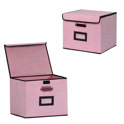 Large Square Storage Bin with Lid, Foldable Organizer Box with Handles & Label Design, for Office, Closet, Home, Documents, Pink, 12.20 x 10.63 x 10.63 Inches, 2 Pack - color: Pink, style: Square - 2 Pack
