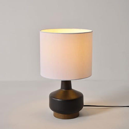 Globe Electric 15" Ceramic Table Lamp, Matte Black Base, Wood-Toned Accent, White Linen Shade, Dual Rotary Switch, Modern Bedroom or Office Lighting, 61000046 - color: Black