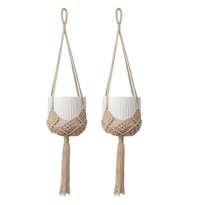 2 Pack Macrame Hanging Planters, Caramel - color: Caramel