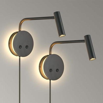 Matte Black Wall Mounted Reading Light 2 Pack, 3000K Flexible Headboard Reading Sconces with On Off Switch Control, Plug In/Hardwired Wall Light Fixtures with Night Light for Bedside Bedroom Bunk - color: Black-warm white light-2 Pack