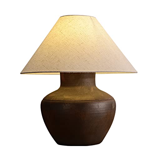 Farmhouse Ceramic Table Lamp Rustic Clay Pot Table Lamps Brown Ceramic Lamp Body with White Drum Shade Decor Bedside Nightstand for Living Room Bedroom House