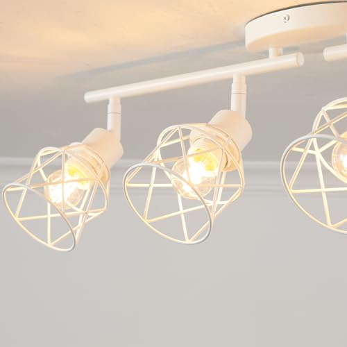 Dimmable Plug in Ceiling Light,Plug in Track Lighting,4 Light White Industrial Farmhouse Ceiling Light with 16.5' Cord,Adjustable Rotatable Cage Lamp Heads,E26 Base(Bulbs Not Included) - color: 4 Light White