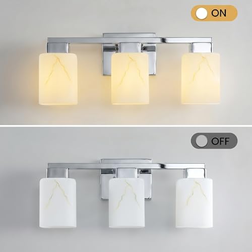 3-Light Square Bathroom Light Fixture, Chrome Modern Vanity Light with White Marble Glass Shade, for Bathroom Mirror, Living Room, Bedroom, Hallway, E26 Base - color: Chrome, size: 3-Light