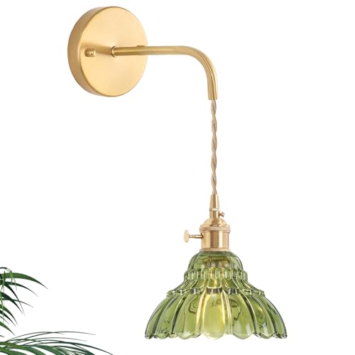 Shenmoyl Vintage Wall Sconce with Green Lily of the Valley Shade Pattern Glass Adjustable Chain Retro Gold Wall Mounted Light, Modern Wall Lamp Fixtures Decor for Bedside Bedroom Indoor Doorway - color: Lily of the Valley-Green, size: 1Pack-Hardwired