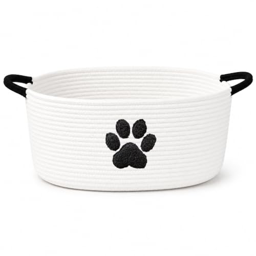 Dog Toy Basket with Handles, Cotton Rope Storage Bin Organizer for Pets - color: White/Black