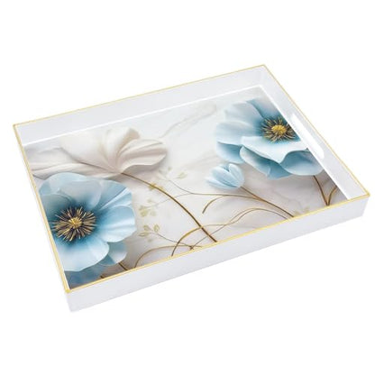 Serving Tray with Handles, 15.7 * 11.8 inches, Plastic Ottoman Tray with Exquisite Paintings, Trays for Coffee Table - color: Blue Flower