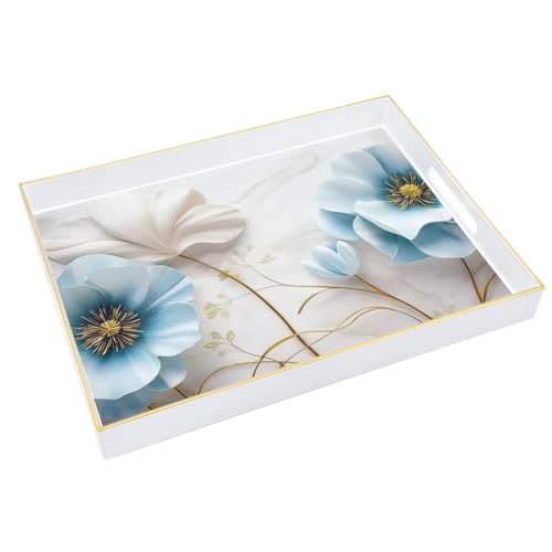 Serving Tray with Handles, 15.7 * 11.8 inches, Plastic Ottoman Tray with Exquisite Paintings, Trays for Coffee Table - color: Blue Flower
