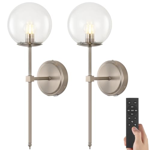 Globe Battery Operated Sconce Set of 2 with Clear Glass Lampshade - color: Brushed Nickel-Clear