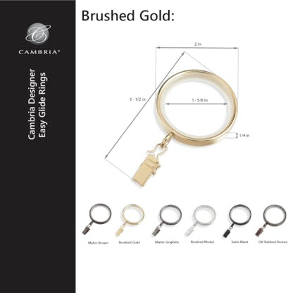 Cambria Designer 2" Brushed Gold Quiet Glide Curtain Rings 18 Pack - color: Brushed Gold, size: Large 2 in