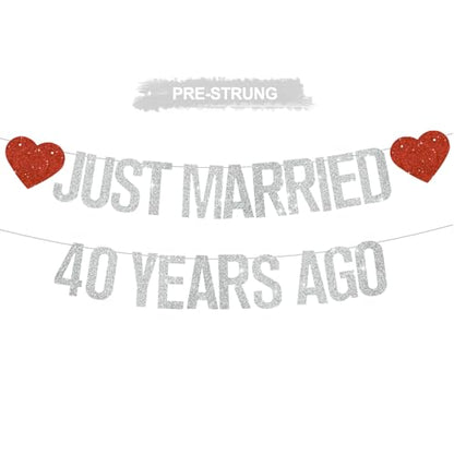 Silver Glitter Just Married 40 Years Ago Banner,NO DIY,Pre-Strung 40th Wedding Anniversary Party Decorations 40 Years Blessed & Loved Garland Sign We Still Do 40th Party Supplies - color: 40silver