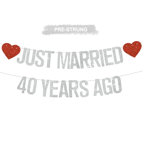 Silver Glitter Just Married 40 Years Ago Banner,NO DIY,Pre-Strung 40th Wedding Anniversary Party Decorations 40 Years Blessed & Loved Garland Sign We Still Do 40th Party Supplies - color: 40silver