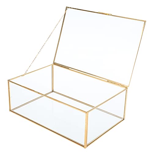 Glass Jewelry Display Box, Card Box with Hinged Lid, Gold Keepsake Box - color: Gold, size: Large