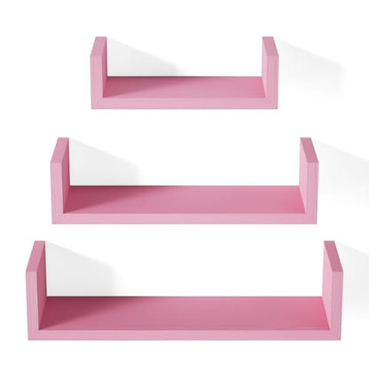 SRIWATANA Pink Floating Shelves, Set of 3 Solid Wood Wall Mounted Shelves - color: Pink