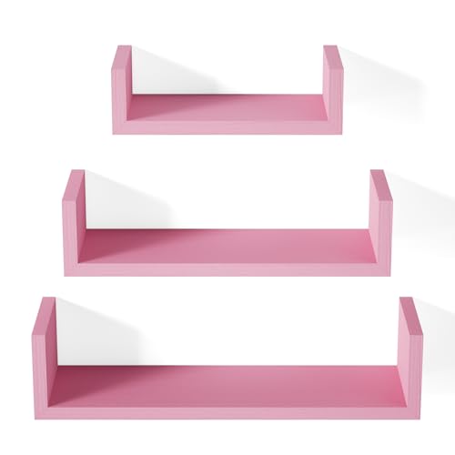 SRIWATANA Pink Floating Shelves, Set of 3 Solid Wood Wall Mounted Shelves - color: Pink